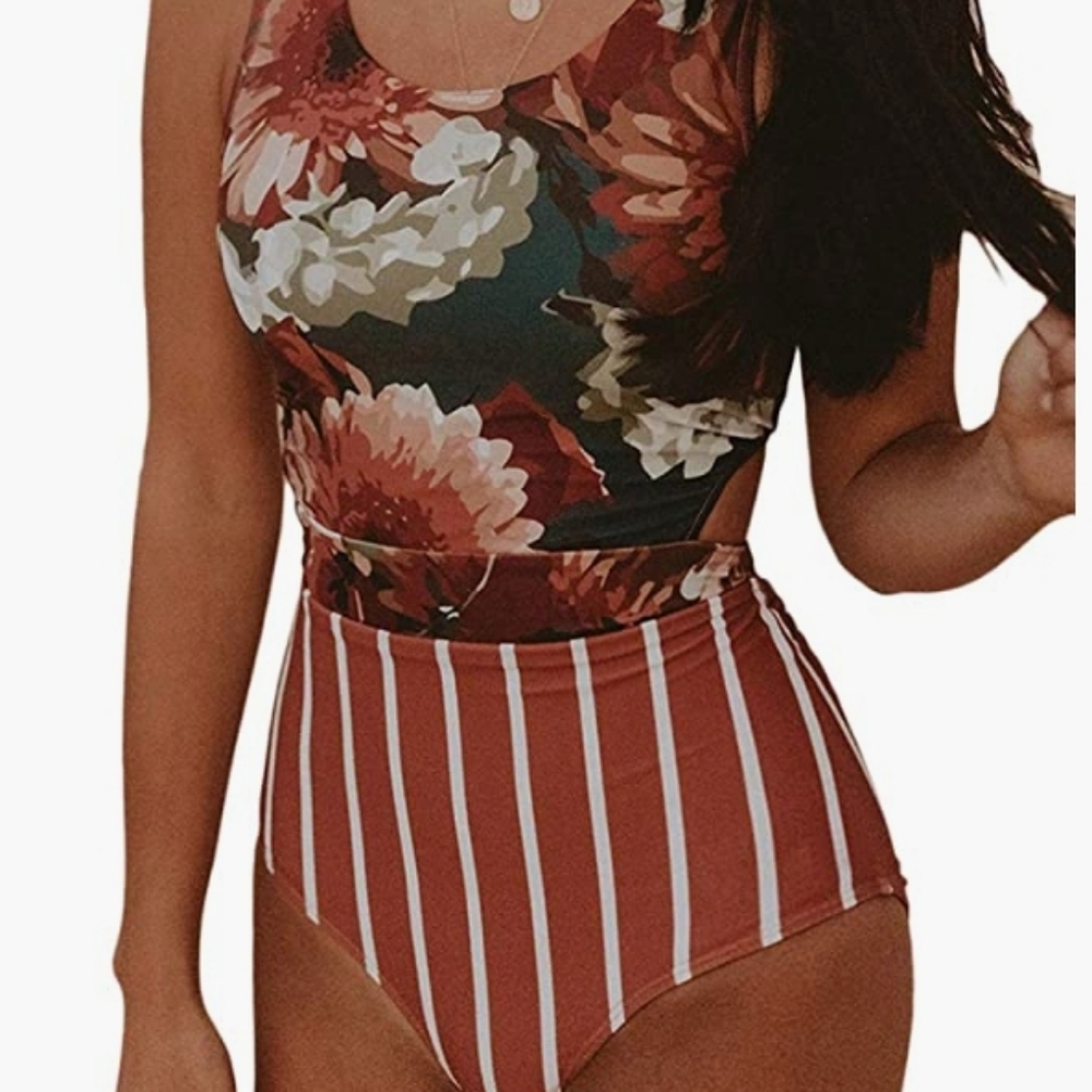 Ladies Small Women Floral Striped High Neck Zip Tie Back One Piece Swimsuit NWOT